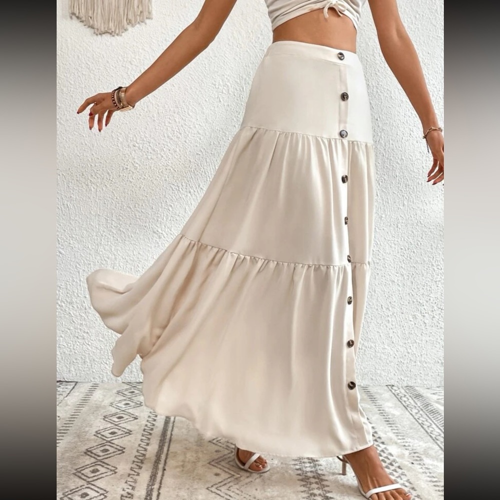 Boho dusty pink button detail ruffle hem maxi skirt - Picture 16 of 16